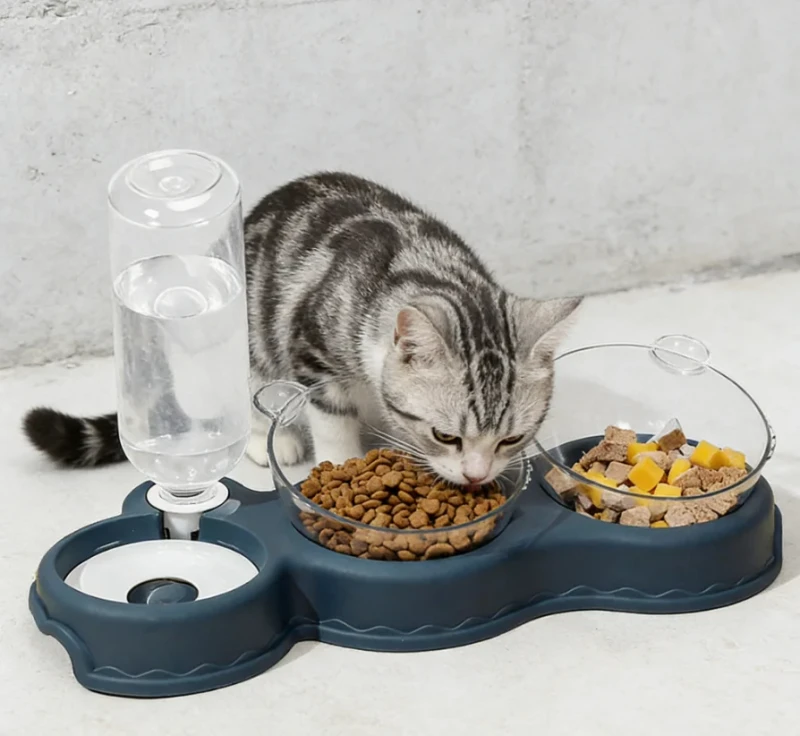 Double Pet Bowl for Cats & Dogs with Automatic Water Dispenser Moisture Proof Design PP PC Material Puppy Feeder