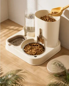 Double Pet Bowls Food and Water Set 2 in 1 Cute Cat Feeder Waterer Mango Yellow Gravity Dispenser for Kittens Small Dogs