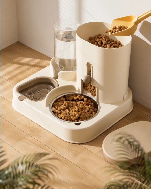 Double Pet Bowls Food and Water Set 2 in 1 Cute Cat Feeder Waterer Mango Yellow Gravity Dispenser for Kittens Small Dogs