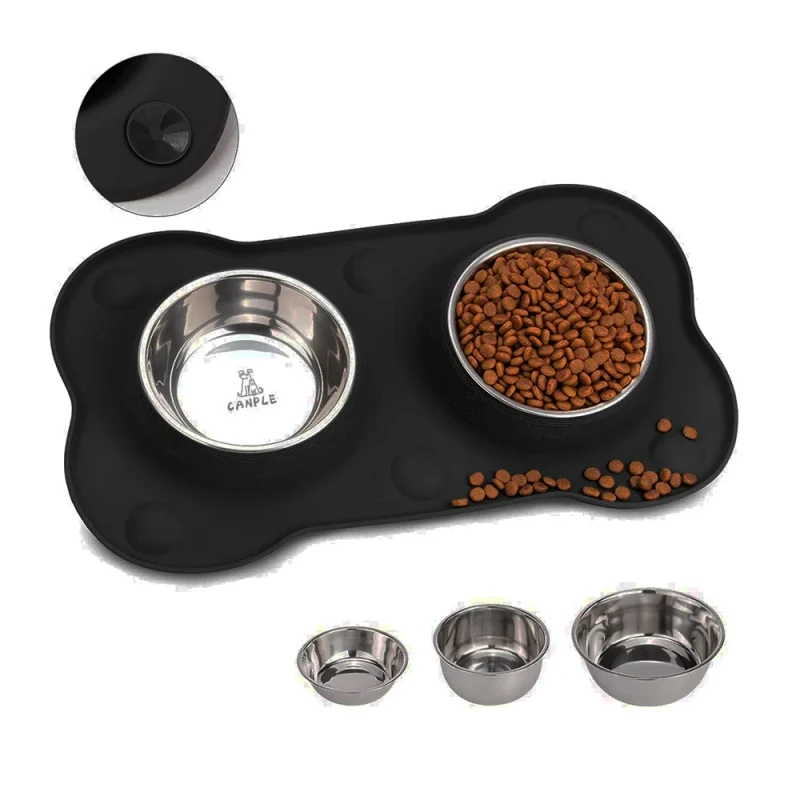Double Stainless Steel Pet Bowl Feeder Non Skid Silicone Mat Portable Automatic Eco Friendly No Spill Food for Dogs Cats Solid