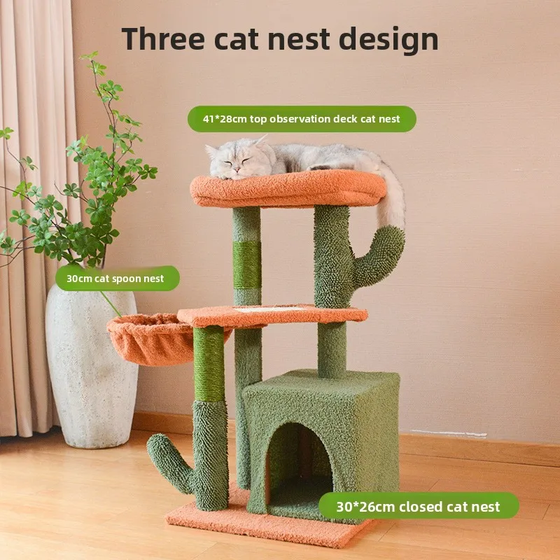 Durable Antidumping Cat Tree Tower Vivid Cactus Shape Hanging Hammock Basket Natural Sisal Modern Aesthetic for Small