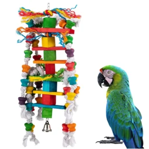 Durable Bird Chew Toys for Parrots Cockatiels Cockatoo Colorful Wood Cage with Hanging Swing and Beads for Budgies
