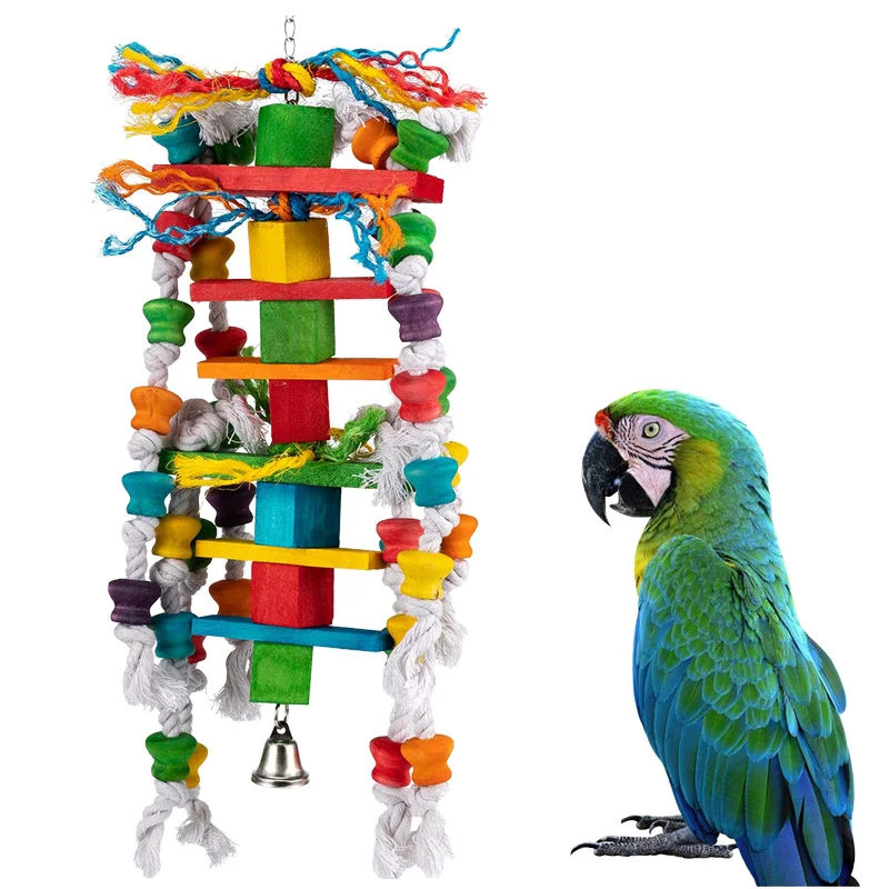 Durable Bird Chew Toys for Parrots Cockatiels Cockatoo Colorful Wood Cage with Hanging Swing and Beads for Budgies