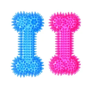 Durable Bite Resistant Interactive Vibrant Blue Pink Spiky Squeaky TPR Bone Chew Toy for Small Medium Pets Chew Play Dog Toys