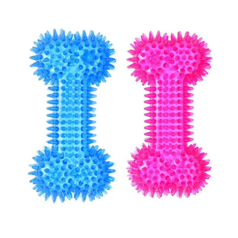 Durable Bite Resistant Interactive Vibrant Blue Pink Spiky Squeaky TPR Bone Chew Toy for Small Medium Pets Chew Play Dog Toys