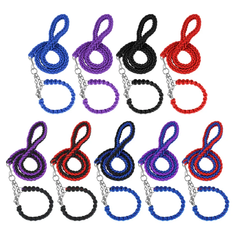 Durable Braided Nylon Rope Dog Leash with P-Chain Collar Heavy Duty Slip Lead for Large Medium Dogs Training Walking