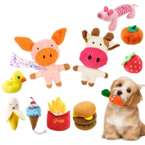 Durable Chew Resistant Squeaky Eco Friendly 100% Full Body Ball Rope Pet Toys with Fruit Cartoon Animal Plush for Dogs