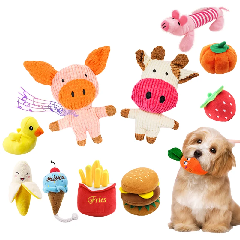 Durable Chew Resistant Squeaky Eco Friendly 100% Full Body Ball Rope Pet Toys with Fruit Cartoon Animal Plush for Dogs