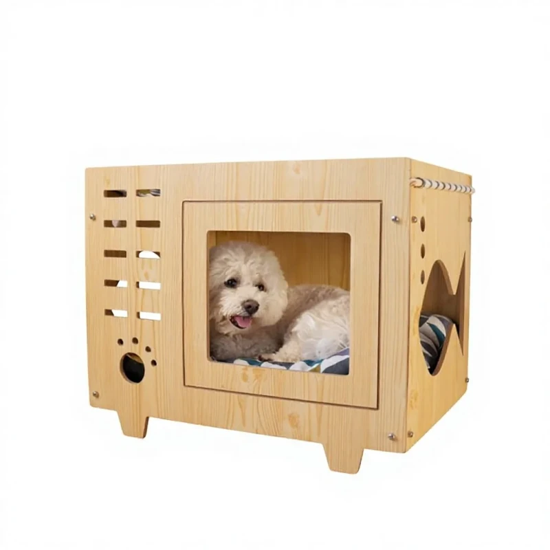 Durable Classic Wooden Double Deck Cat House Set Sustainable Bamboo Pet Furniture with 2 Comfortable Mats for Dogs