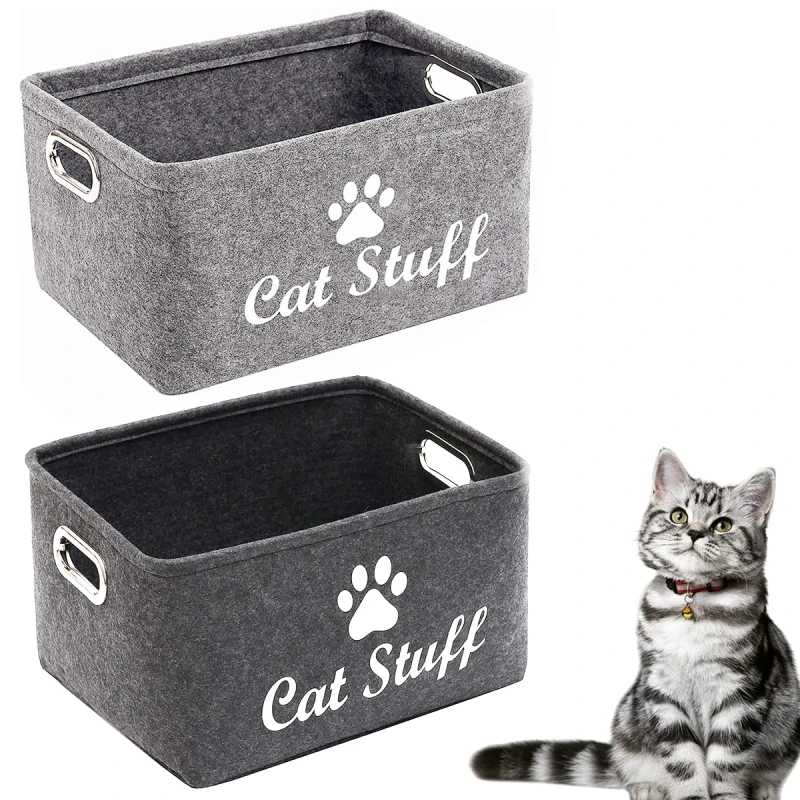 Durable Felt Pet Supplies Organizer with Wooden Handles Collapsible Storage Bag for Dogs and Cats