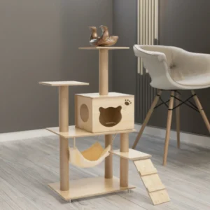 Durable Multi-Level Wooden Cat Tree Scratcher Interactive Pet Toys for Cats Natural Sisal Wood