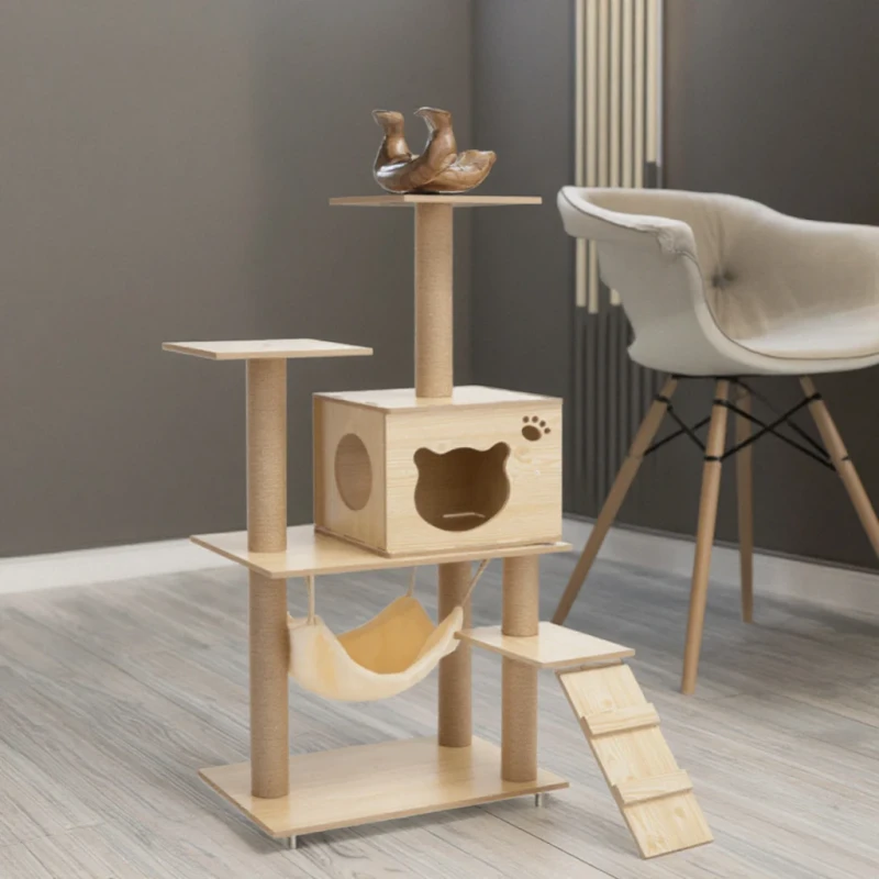 Durable Multi-Level Wooden Cat Tree Scratcher Interactive Pet Toys for Cats Natural Sisal Wood