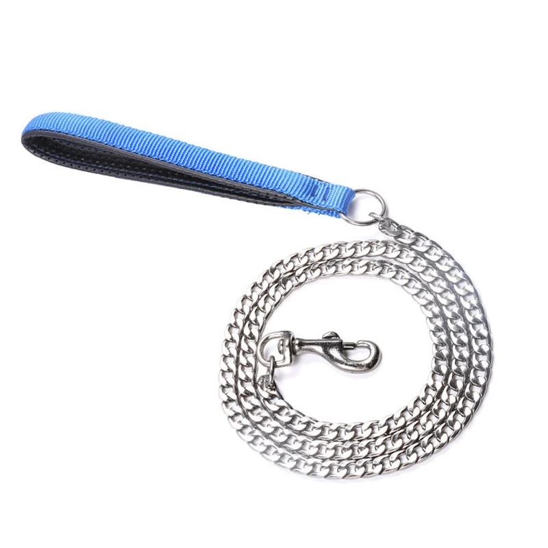 Durable Pet Supplies Flat Chian Lead With PU Handle Chrome Plated Dog Leashes