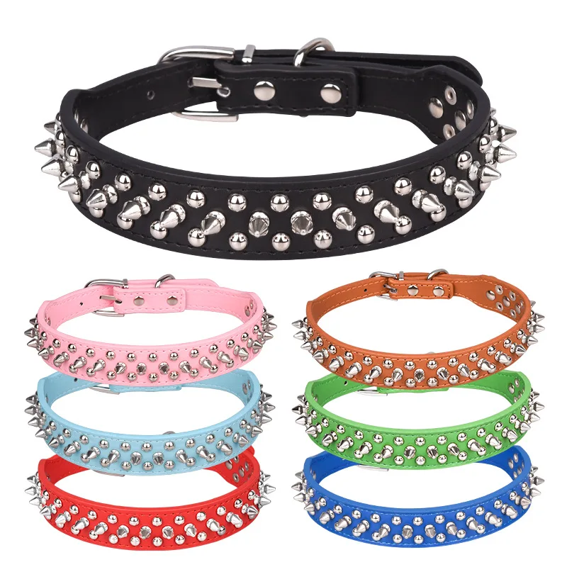 Durable Simple Solid PU Rivet Jeweled Luxury Dog Collar for Small Medium Large Breed Dogs
