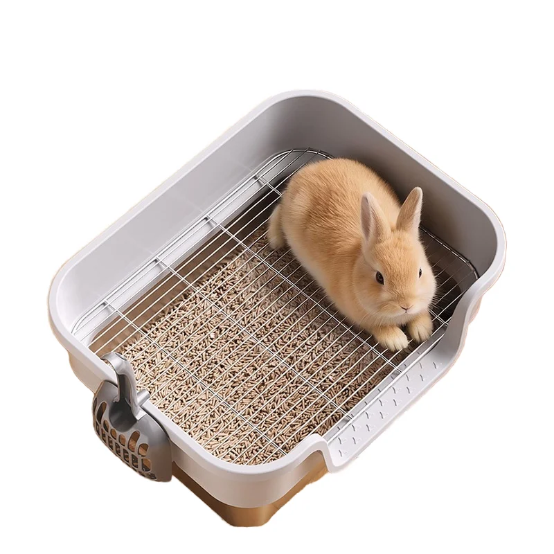 Durable Small Animal Stainless Steel Opening Type Raised Fence Splash Proof Rabbit Toilet Litter Box Easy to Clean Pet Supplies