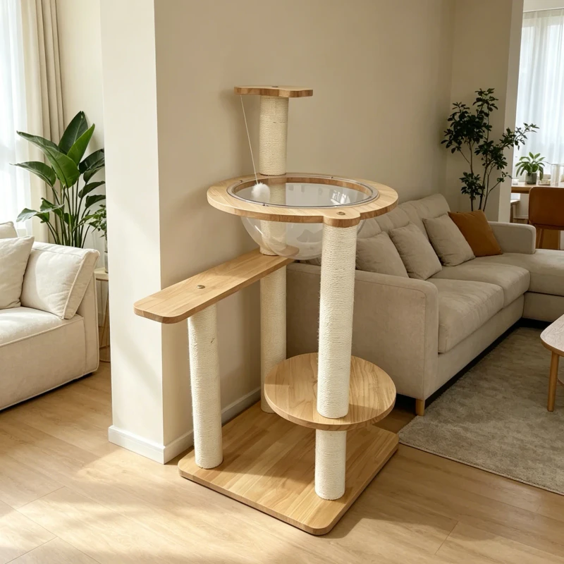 Durable Solid Wood Cat Scratching Post Climbing Frame High Density Sisal Cat Tree with Cozy Bed for Heavy Scratchers Tower