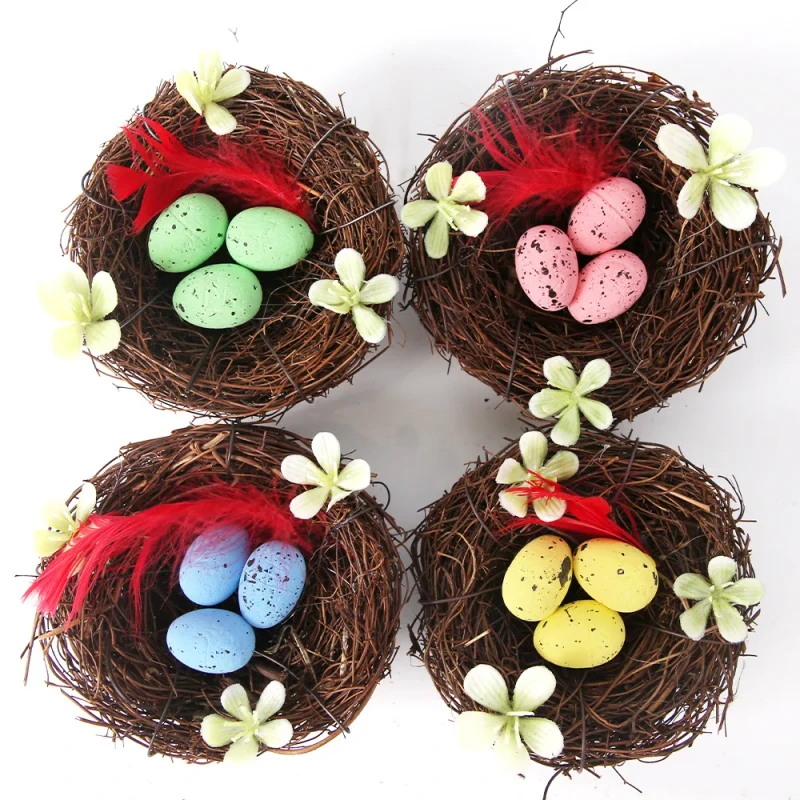 Easter Wicker Bird's Nest Artificial Nest Accents Yard Scene Setter with Decorative Easter Eggs