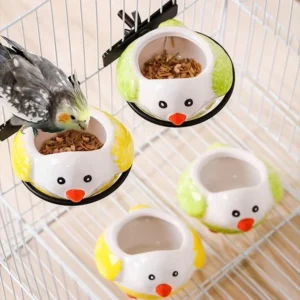 Easy to Clean Ceramic Bird Supplies Hand Painted Anti Overturning Cartoon Cup Feeder with Hanging Parrot Food Box