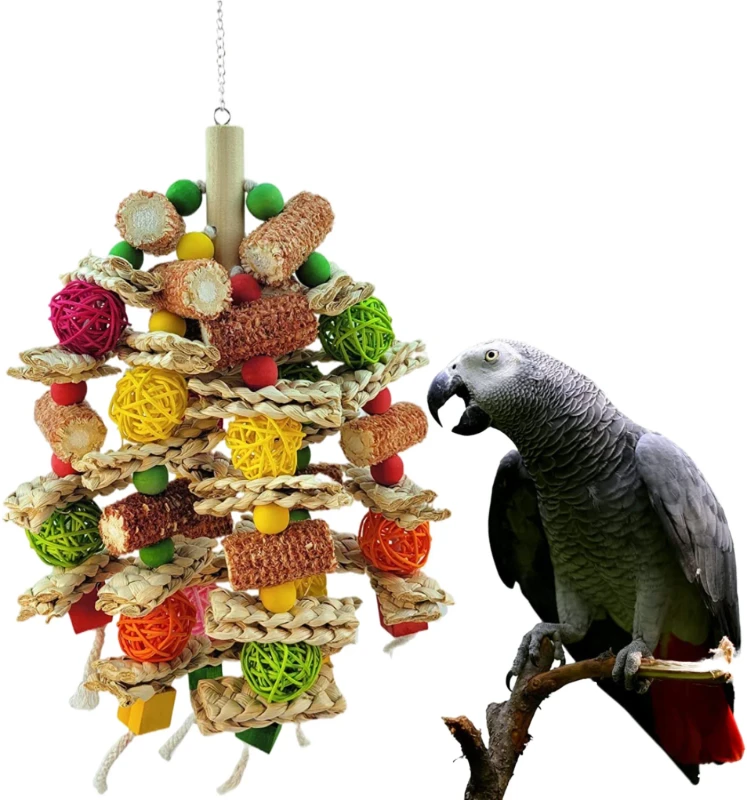 Eco Friendly Bird Supplies Colorful Wooden Parrot Chewing Toy with Soft Plush for Playing