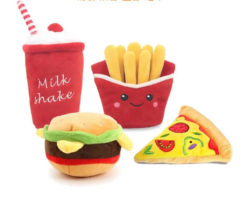 Eco-Friendly Cartoon Plush Pet Squeak Toy Cotton Simulation Pizza Hamburger Steak Ice Cream Chips for Pets