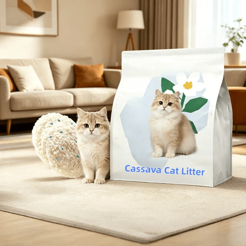 Eco-Friendly Cassava Cat Litter Non Stick Bottom Flushable Highly Absorbent Dust-free