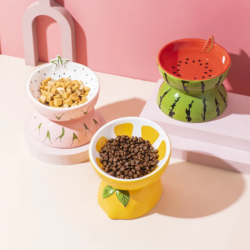 Eco-Friendly Ceramic Cat Bowl Elevated Slanted Neck Protection Food Water Feeder Fruit Design Pet Dish Pet Accessories Supplies