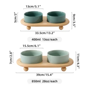 Eco-Friendly Ceramic Cat Dog Food Water Bowl Bamboo Stand Elevated Dish Rounded Shape Non-Automatic Pet Bowls Feeders