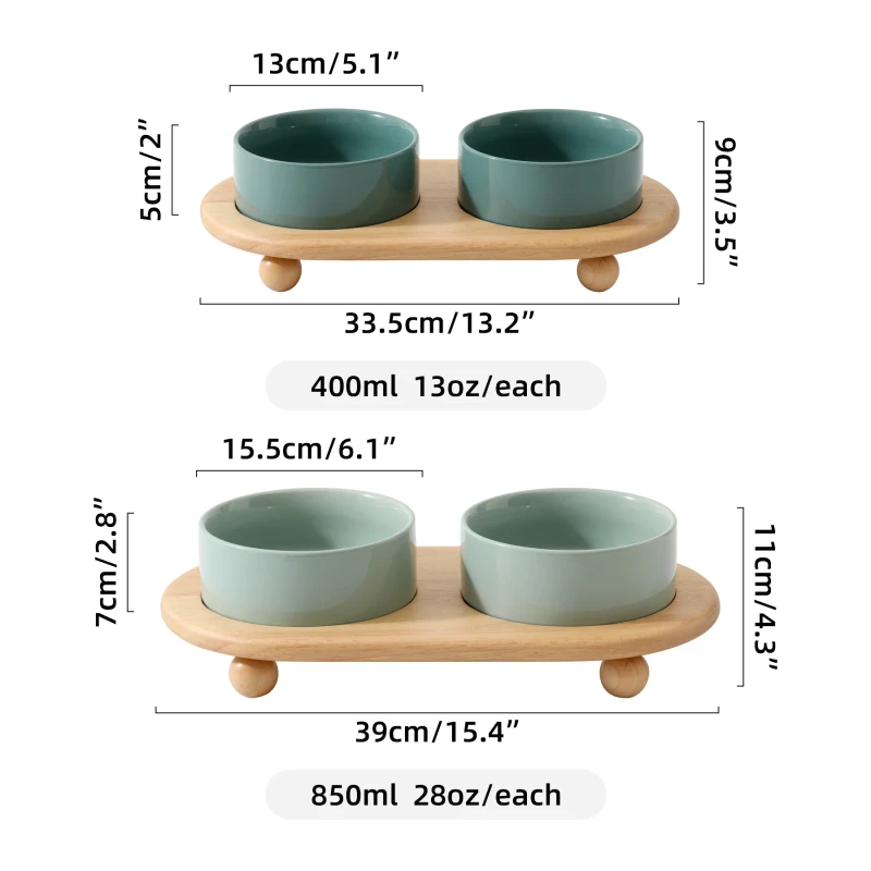 Eco-Friendly Ceramic Cat Dog Food Water Bowl Bamboo Stand Elevated Dish Rounded Shape Non-Automatic Pet Bowls Feeders