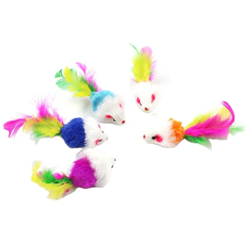 Eco Friendly Cute Colorful Feathers Small Size Plush Mouse Interactive Cat Toy