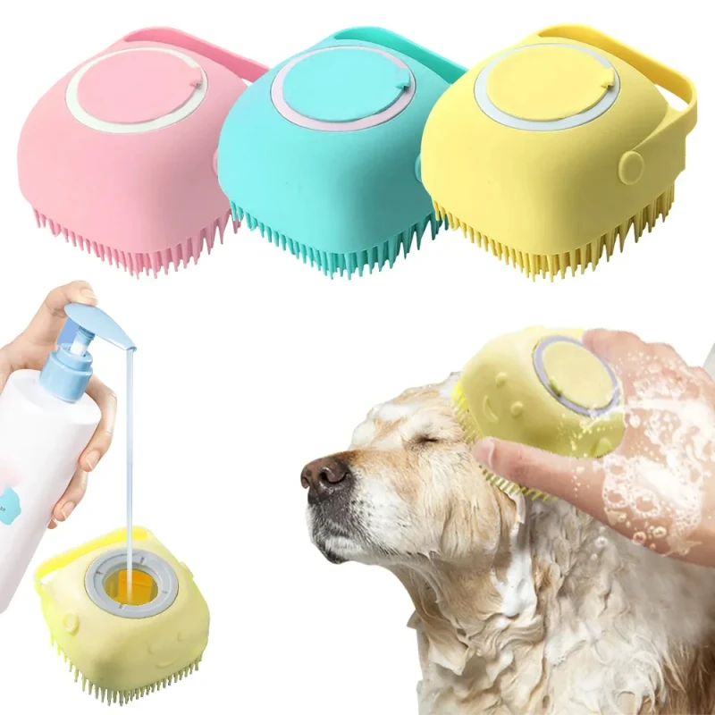Eco Friendly Dog Grooming Silicone Bath Brush with Shampoo Dispenser for Pet Bath and Massage