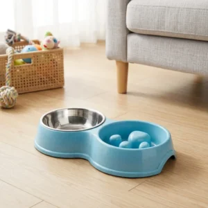 Eco Friendly Double Dog & Cat Feeder Bowl with Detachable Stainless Steel Bowl Slow Feeder with Non Slip Bottom