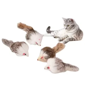Eco Friendly Luxury Rabbit Fur Mouse 2 Inches Rattle Black White Grey Toy for Cats Interactive Cat Toy