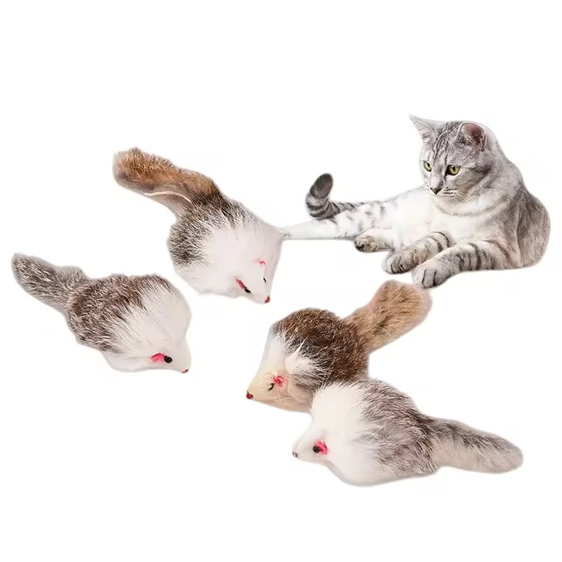 Eco Friendly Luxury Rabbit Fur Mouse 2 Inches Rattle Black White Grey Toy for Cats Interactive Cat Toy