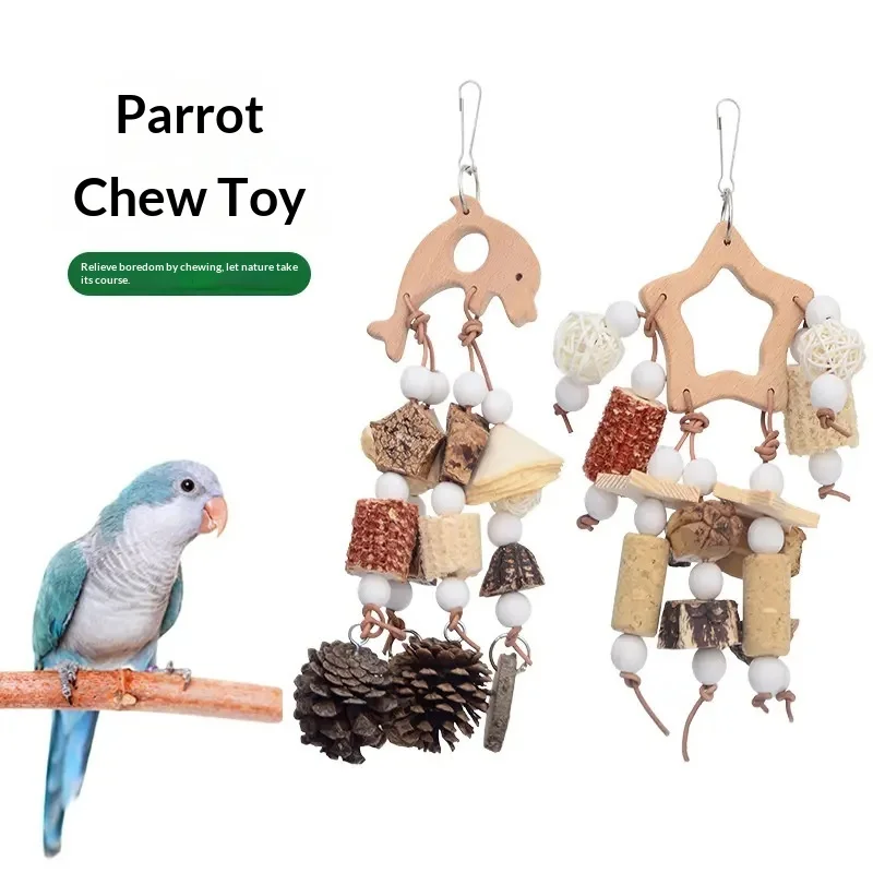 Eco Friendly Natural Parrot Bird Chewing Toys Wooden Fruit String Pine Cone Corn Cob Cork Teething Supplies Training Cut