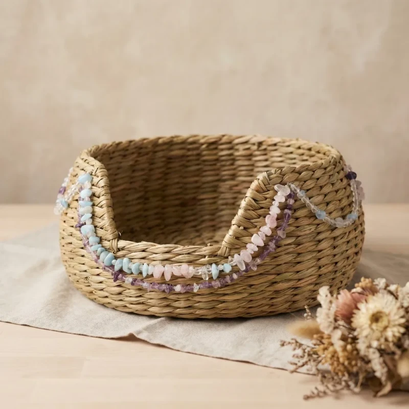 Eco Friendly Natural Sleeping Relaxing Crystal Stone Rattan Animal Dog Cat Woven Pet Bed With Crystal Decoration Customizable