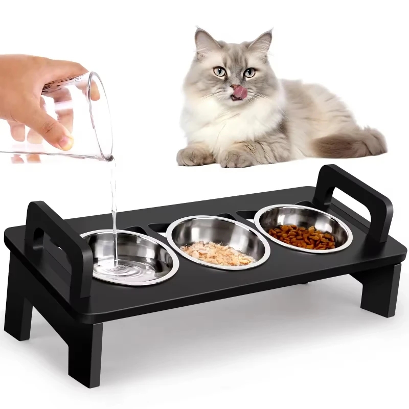 Eco Friendly Pet Bowls Feeders 200ml Stainless Steel Dog Cat Feeder Bowls 15° Tilted Wooden Frame for Food Water
