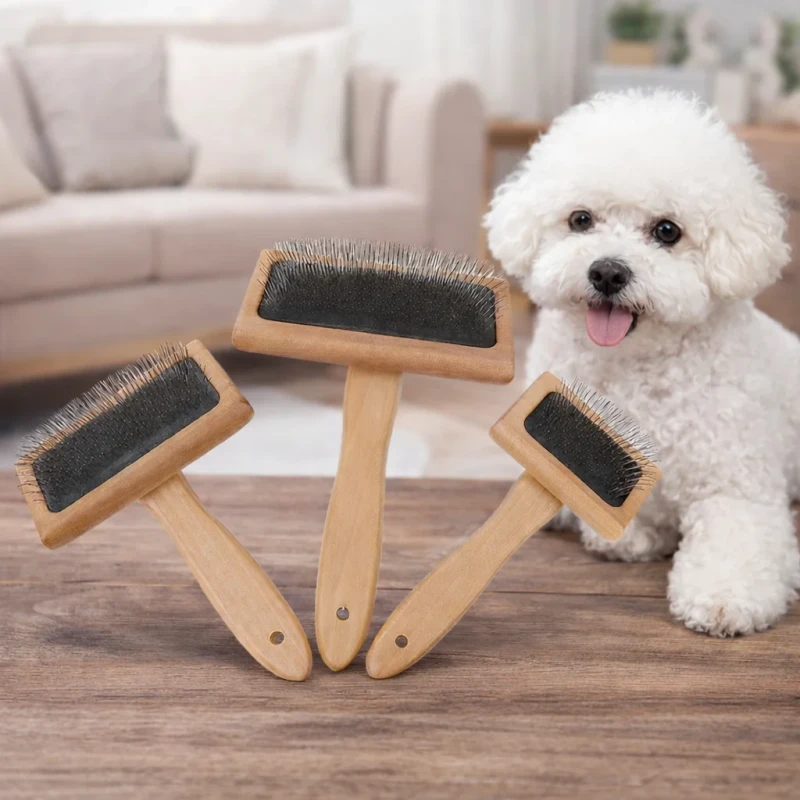 Eco Friendly Pet Grooming Brush Wooden Handle Slicker Brush for Dog Cat Hair Removal Teeth Cleaning Comb for Shedding Pets