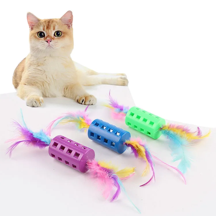 Eco Friendly Pet Supplies Plastic Pet Cat Toy Two Feather Stick with Small Bell