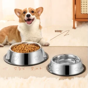 Eco Friendly Pet Supplies Rubber Anti Slip Stainless Steel Bowl for Dog Food and Water Feeder Bowl with Paw