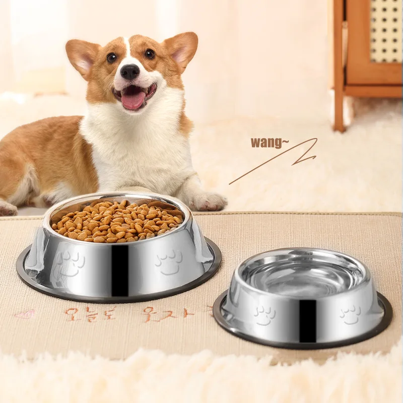 Eco Friendly Pet Supplies Rubber Anti Slip Stainless Steel Bowl for Dog Food and Water Feeder Bowl with Paw