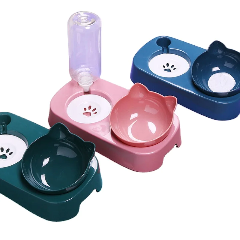 Eco Friendly Plastic Double Bowl Design Cute Shape Cat & Dog Food Bowl Outdoor Pet Feeder