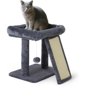 Eco Friendly Small Cat Tree Tower with Sisal Wood and Paper Scratching Post Classic Style 2 Level for Indoor Cats Dark Grey Carton