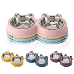 Eco Friendly Small Dog Double Bowls Cute Frog Shape Plastic & Stainless Steel Pet Cat Food Mixing Bowl Water Feeding ODM Supply
