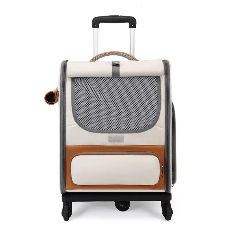 Eco Friendly Square Mesh Pet Pull along Suitcase Ventilation Foldable Oxford Pet Carrier for Two Cats Large Capacity Portable