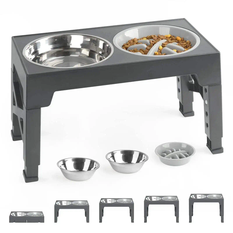 Eco Friendly Stainless Steel Elevated Dog Bowls Slow Feeder 5 Heights Adjustable IPX5 Waterproof Rounded