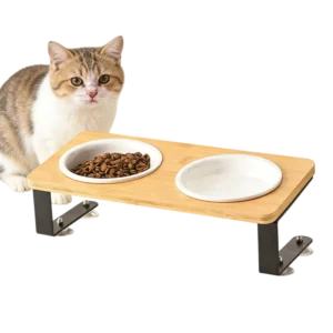 Eco friendly Elevated Cat Ceramic Bowls Small Dog Raised Food Feeding Dishes Solid Wood Stand Feeder Set for Cats and Puppy