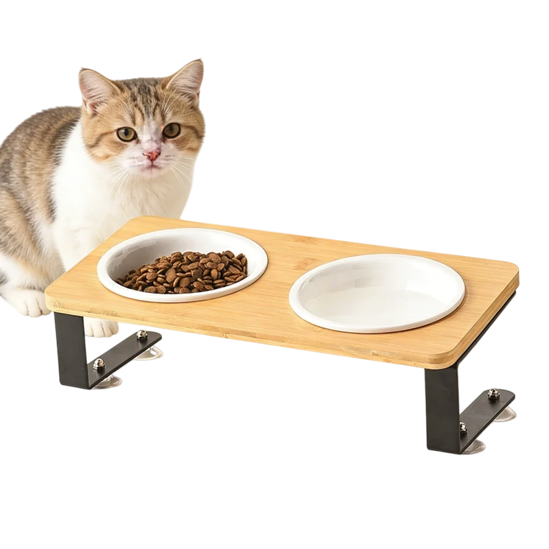 Eco friendly Elevated Cat Ceramic Bowls Small Dog Raised Food Feeding Dishes Solid Wood Stand Feeder Set for Cats and Puppy