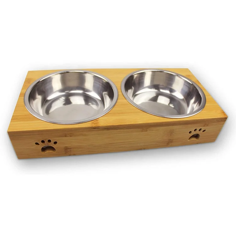 Eco friendly Healthy Stainless Steel Pet Food Water Bowl Bamboo Cat Feeder Bowl