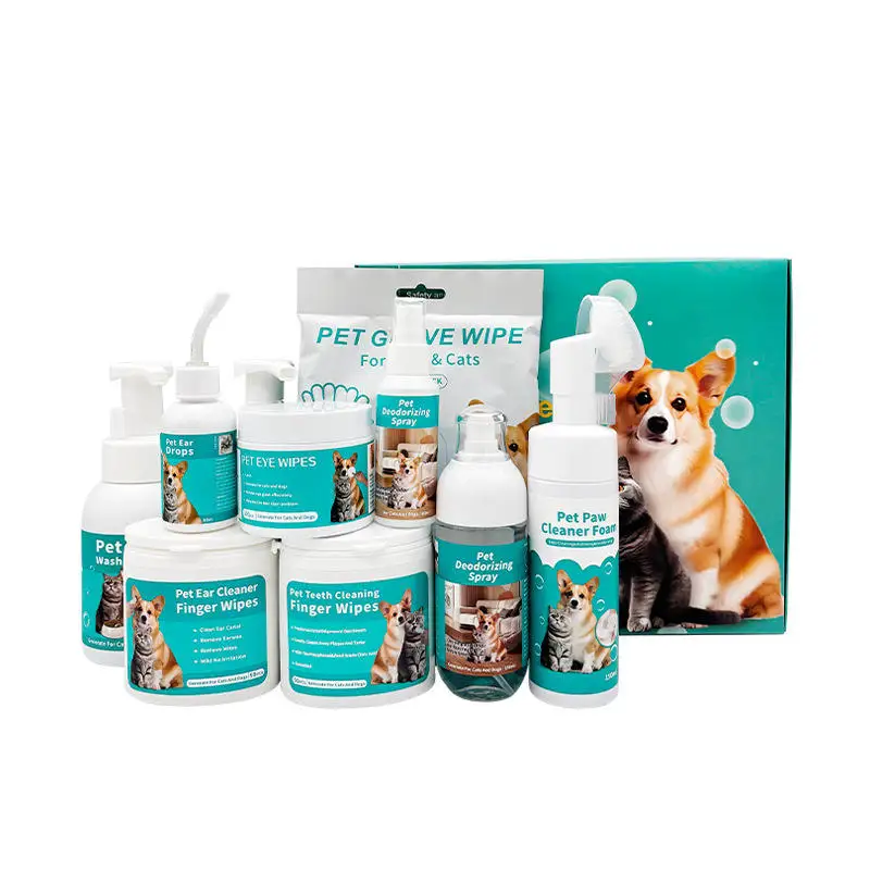 Eco friendly Pet Cleaning Set with Eye & Ear Cleaning Shower Gel Dog & Cat Bath Supplies Nonwoven Fabric Brushes & Wipes