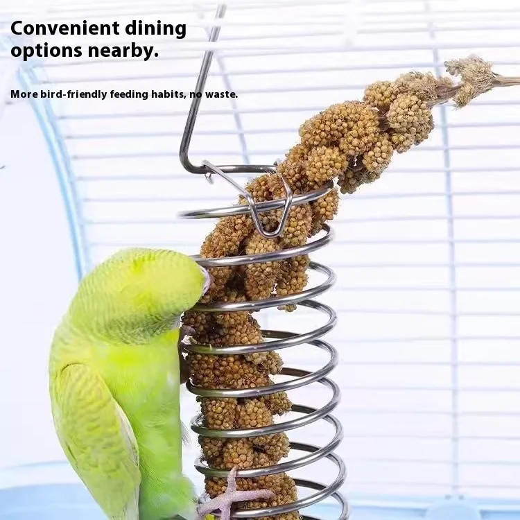 Eco friendly Stainless Steel Bird Feeder Hanging Garden Foraging Parrot Food Holder with Vegetable Skewer Fruit Basket